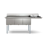 81 in. Three Compartment Commercial Sink Bowl Size 18x24x14 Stainless-Steel 18 Gauge with Right Drainboard (KM-SC182414-24R3)